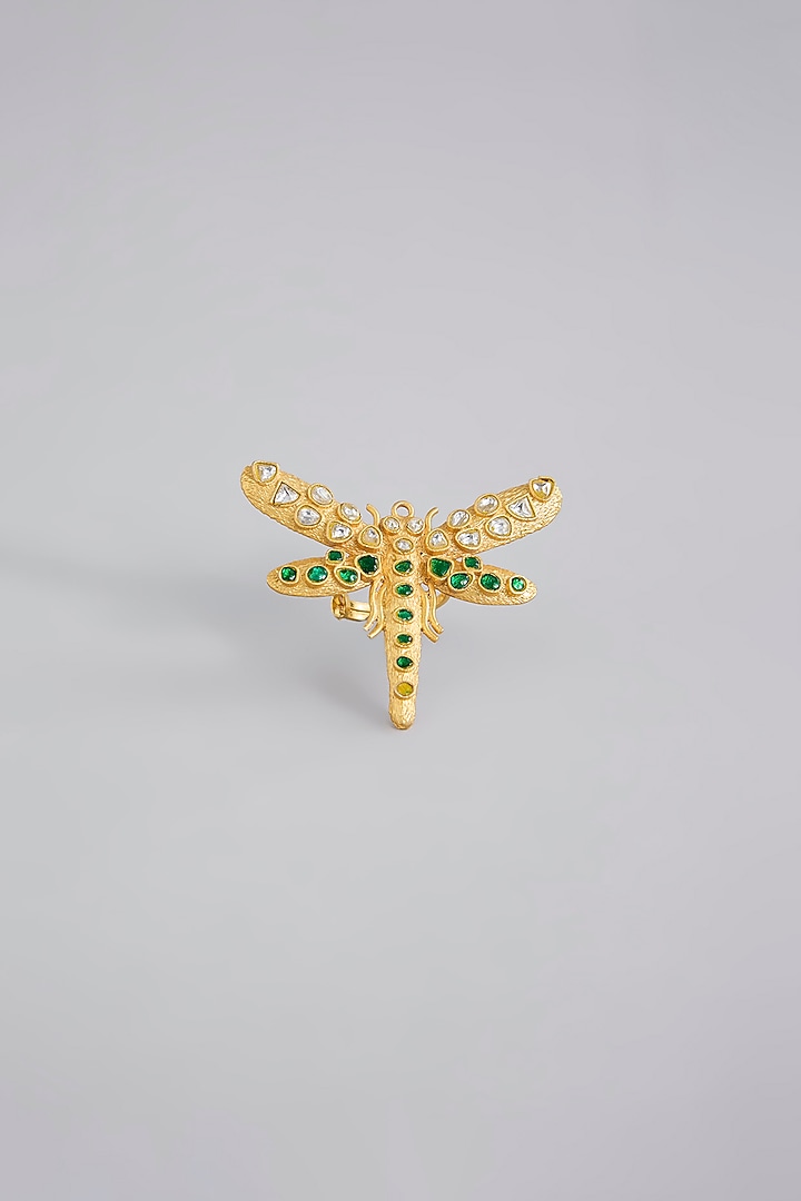 Gold Finish Kundan Polki & Emerald Ring by Moh-Maya by Disha Khatri at Pernia's Pop Up Shop