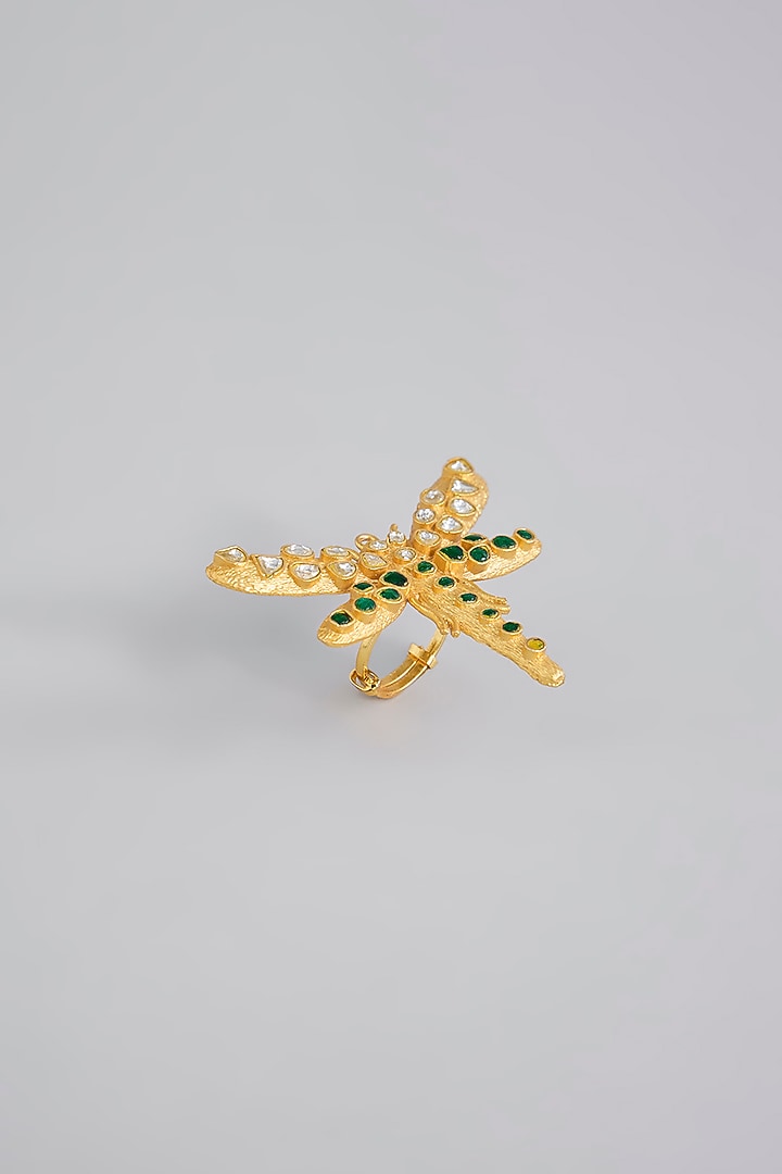 Gold Finish Kundan Polki & Emerald Ring by Moh-Maya by Disha Khatri at Pernia's Pop Up Shop