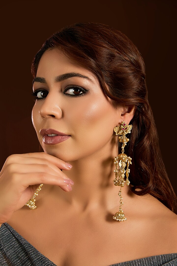 Gold Finish Ruby Stone Dangler Earrings by Moh-Maya by Disha Khatri at Pernia's Pop Up Shop