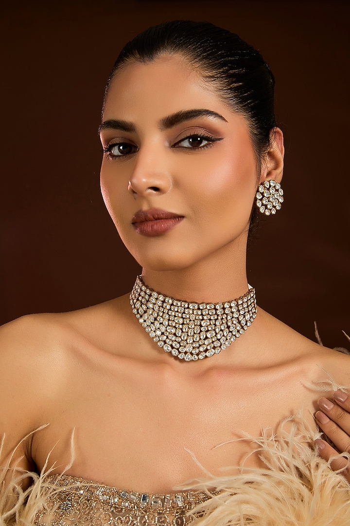 Gold Finish Kundan Polki Choker Necklace Set by Moh-Maya by Disha Khatri at Pernia's Pop Up Shop