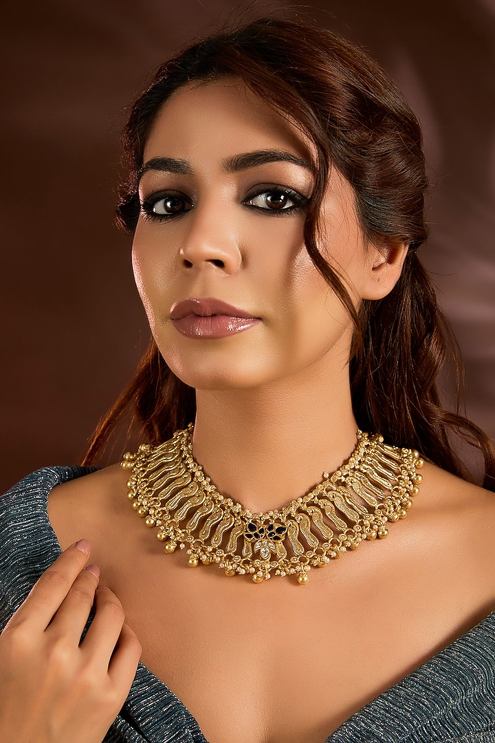 Gold Finish Emerald & Beaded Choker Necklace by Moh-Maya by Disha Khatri at Pernia's Pop Up Shop