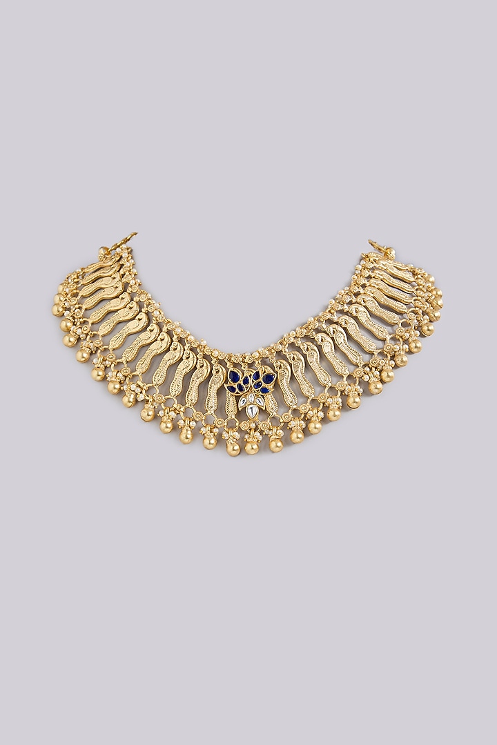 Gold Finish Emerald & Beaded Choker Necklace by Moh-Maya by Disha Khatri at Pernia's Pop Up Shop