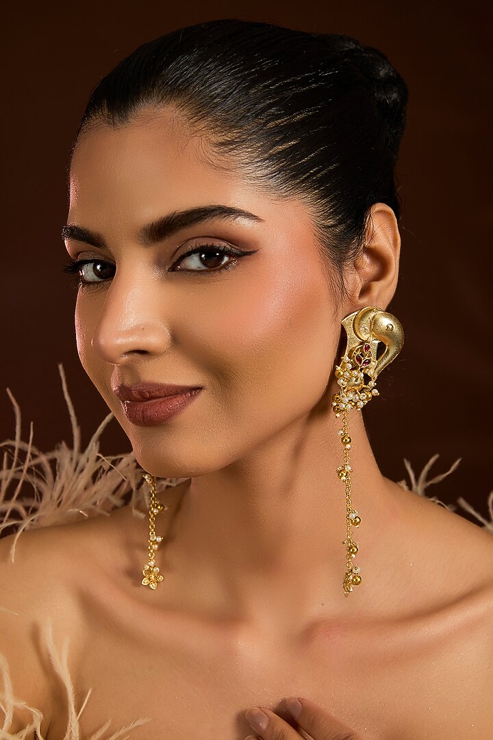 Gold Finish Ruby Stone & Pearl Dangler Earrings by Moh-Maya by Disha Khatri at Pernia's Pop Up Shop