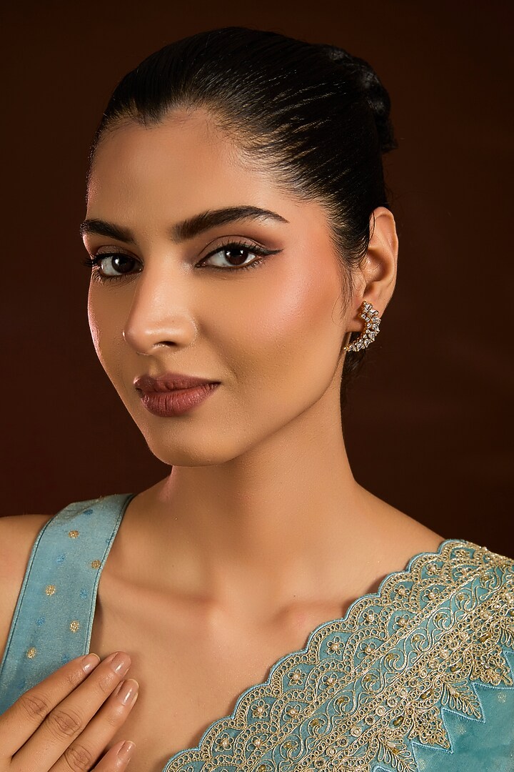 Gold Finish Zircon Stud Earrings by Moh-Maya by Disha Khatri at Pernia's Pop Up Shop