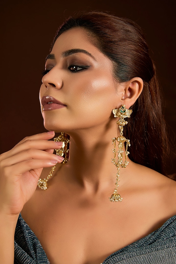 Gold Finish Emerald Stone & Beaded Dangler Earrings by Moh-Maya by Disha Khatri at Pernia's Pop Up Shop