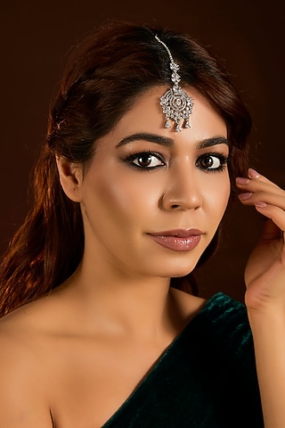 Silver Finish Zircon Maangtikka by Moh-Maya by Disha Khatri