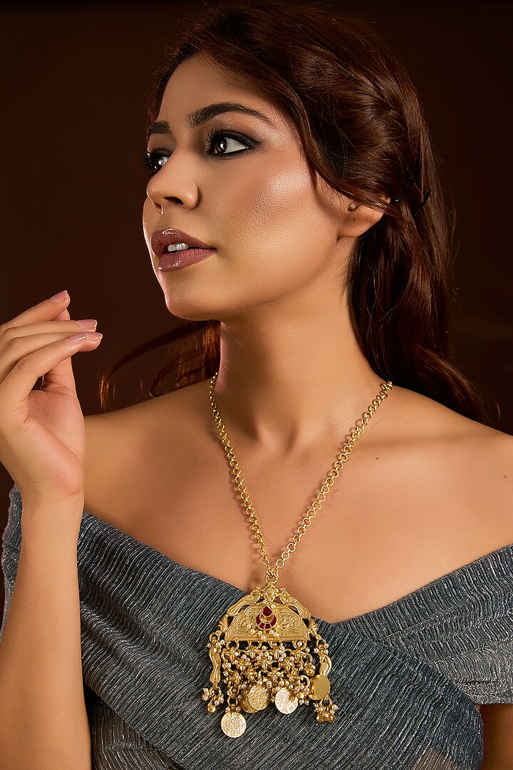 Gold Finish Ruby Stone & Coin Beaded Long Necklace by Moh-Maya by Disha Khatri at Pernia's Pop Up Shop