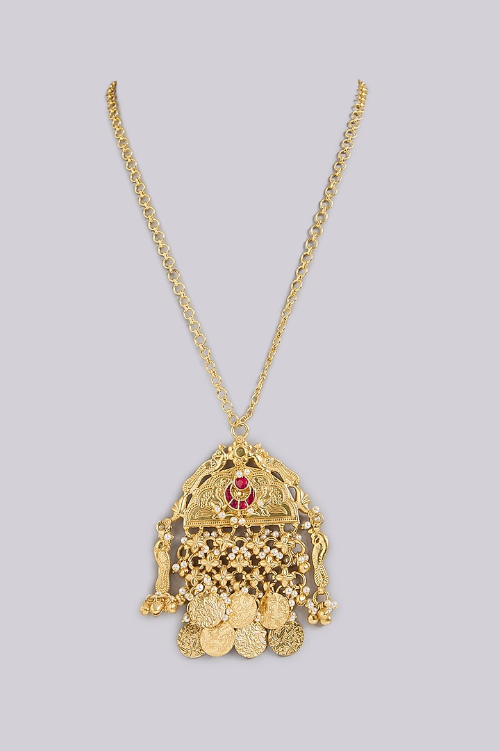 Gold Finish Ruby Stone & Coin Beaded Long Necklace by Moh-Maya by Disha Khatri at Pernia's Pop Up Shop