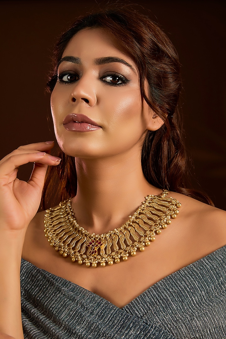 Gold Finish Ruby & Beaded Choker Necklace by Moh-Maya by Disha Khatri at Pernia's Pop Up Shop