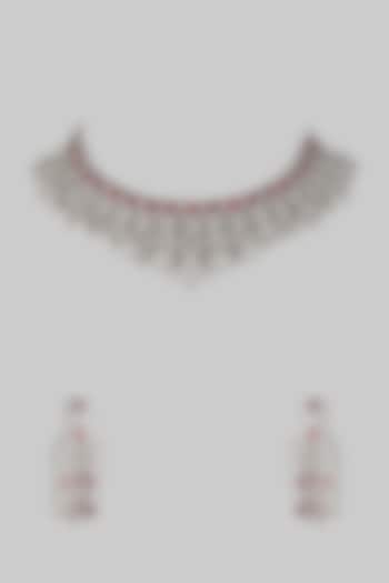 White Gold Finish Zircon & Ruby Stone Choker Necklace Set by Moh-Maya by Disha Khatri at Pernia's Pop Up Shop