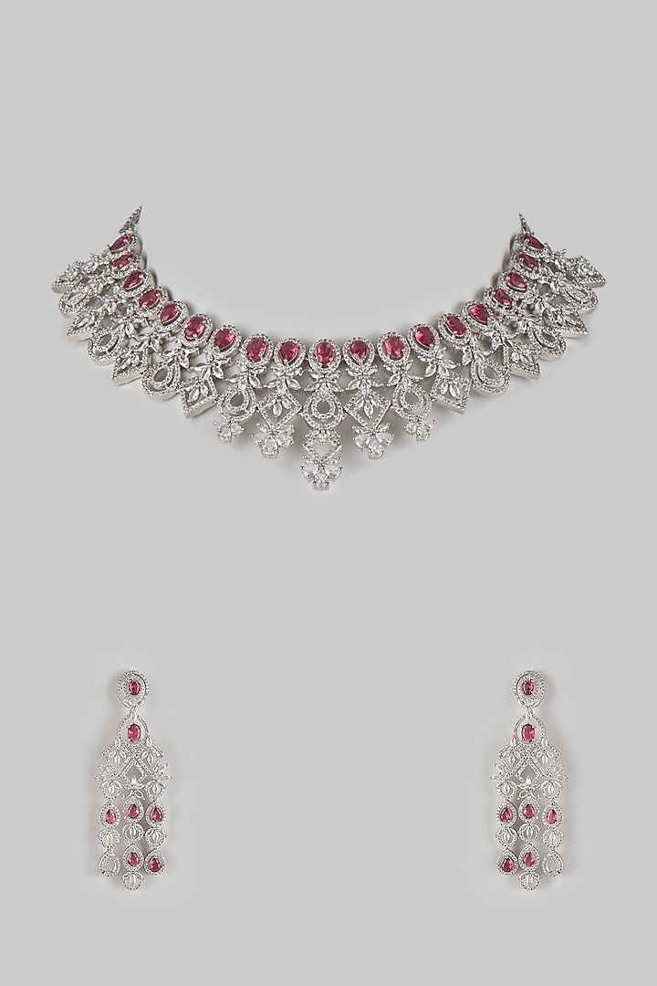White Gold Finish Zircon & Ruby Stone Choker Necklace Set by Moh-Maya by Disha Khatri at Pernia's Pop Up Shop