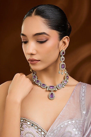 White Finish Pink Stone Necklace Set by Moh-Maya by Disha Khatri