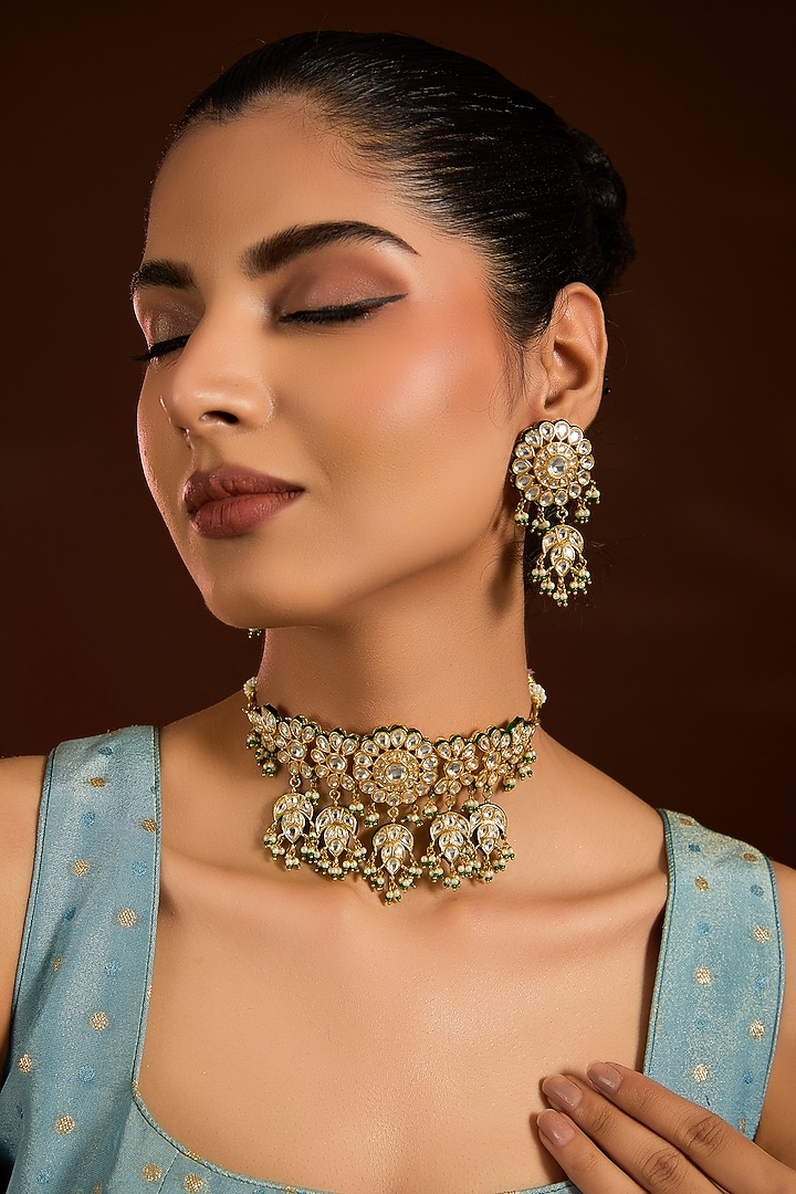 Gold Finish Kundan Polki & Pearl Beaded Choker Necklace Set by Moh-Maya by Disha Khatri at Pernia's Pop Up Shop