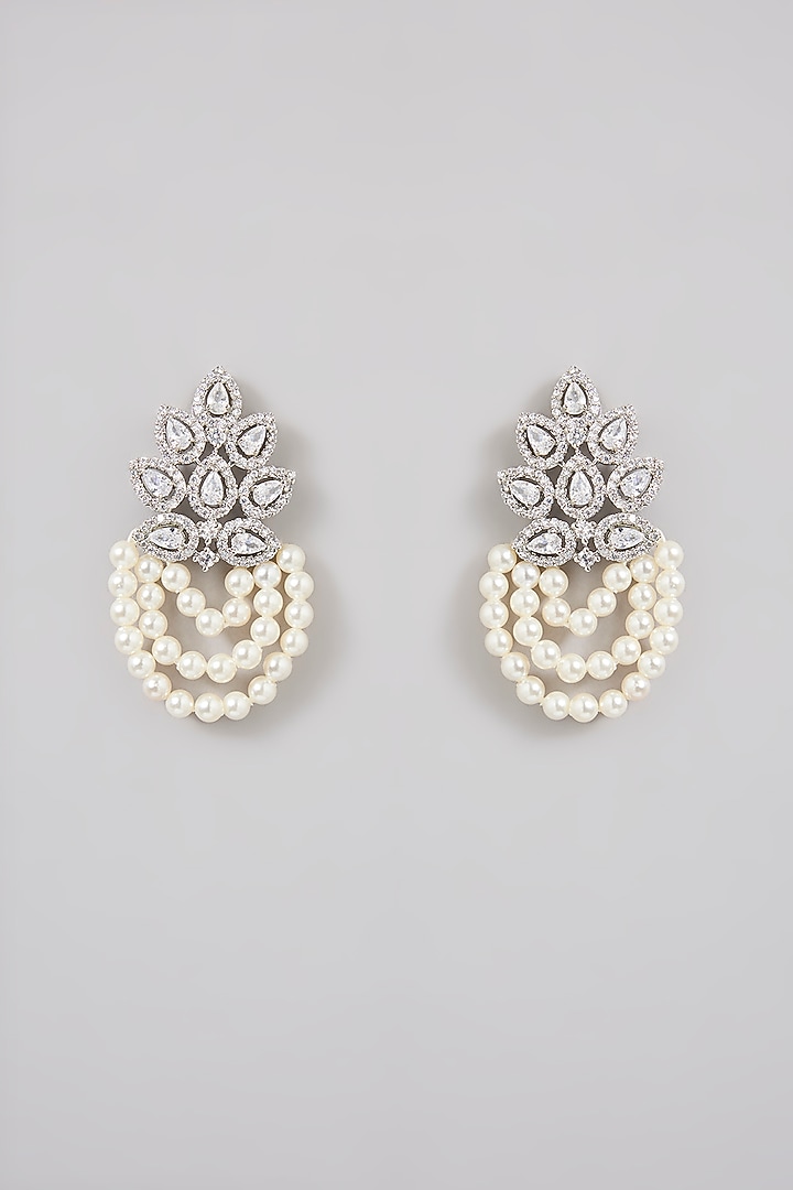 Silver Finish Pearl & Zircon Dangler Earrings by Moh-Maya by Disha Khatri at Pernia's Pop Up Shop