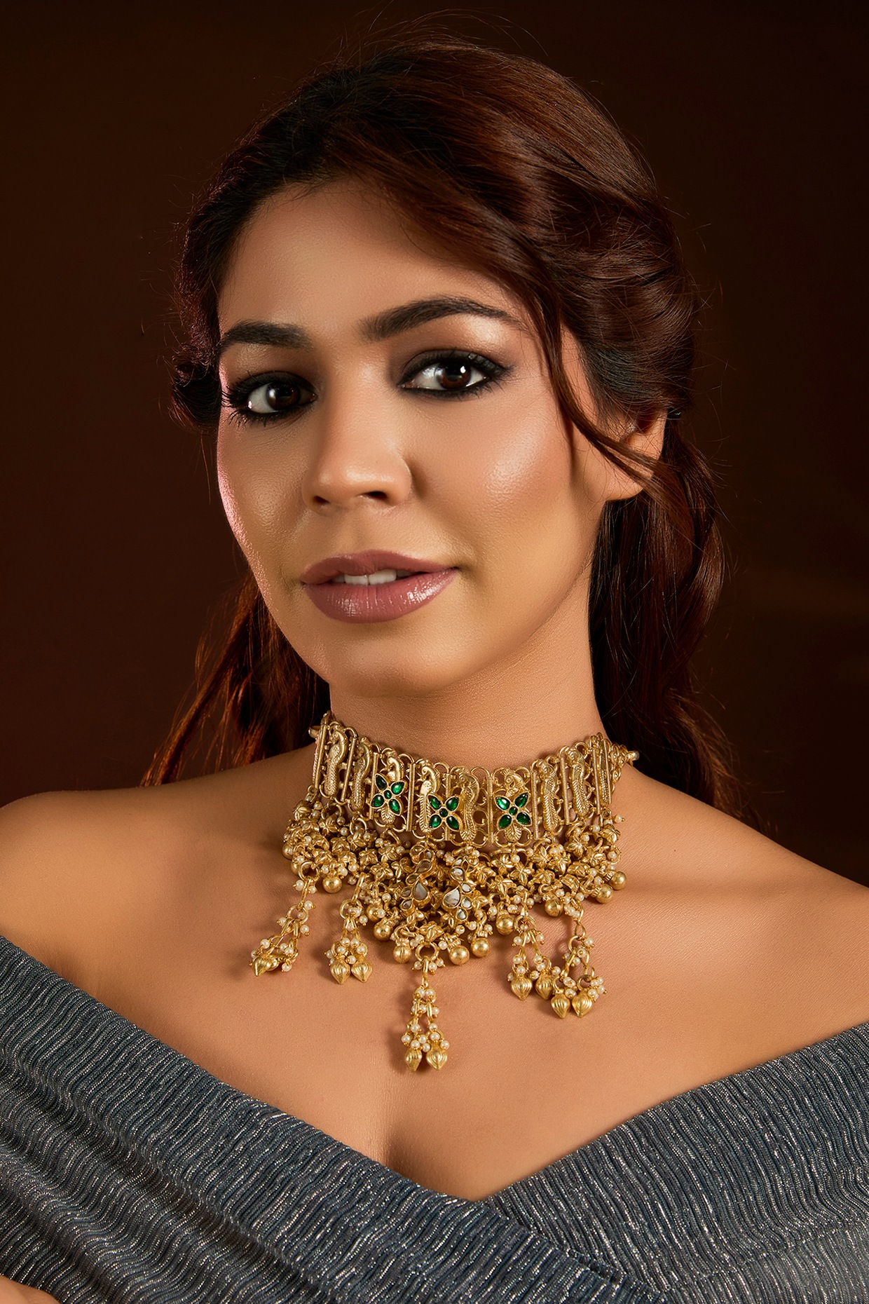 Moh-Maya by Disha Khatri Gold Finish Emerald & Carved Beaded Choker Necklace