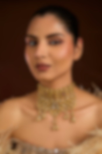 Gold Finish Ruby & Carved Beaded Choker Necklace by Moh-Maya by Disha Khatri at Pernia's Pop Up Shop