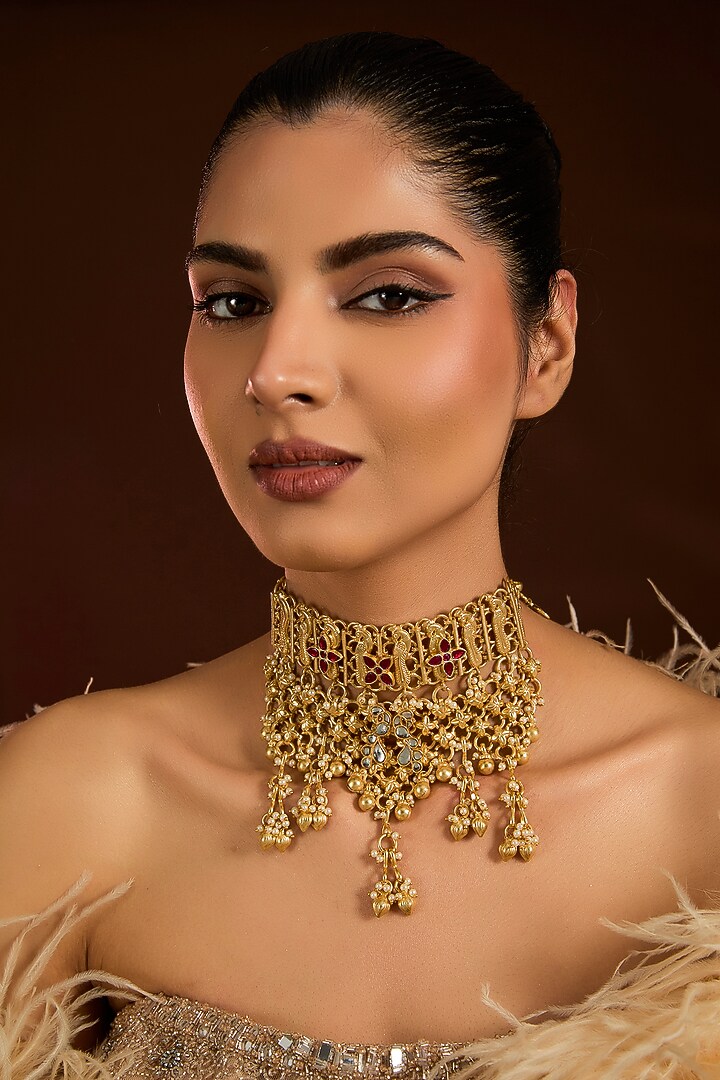 Gold Finish Ruby & Carved Beaded Choker Necklace by Moh-Maya by Disha Khatri at Pernia's Pop Up Shop