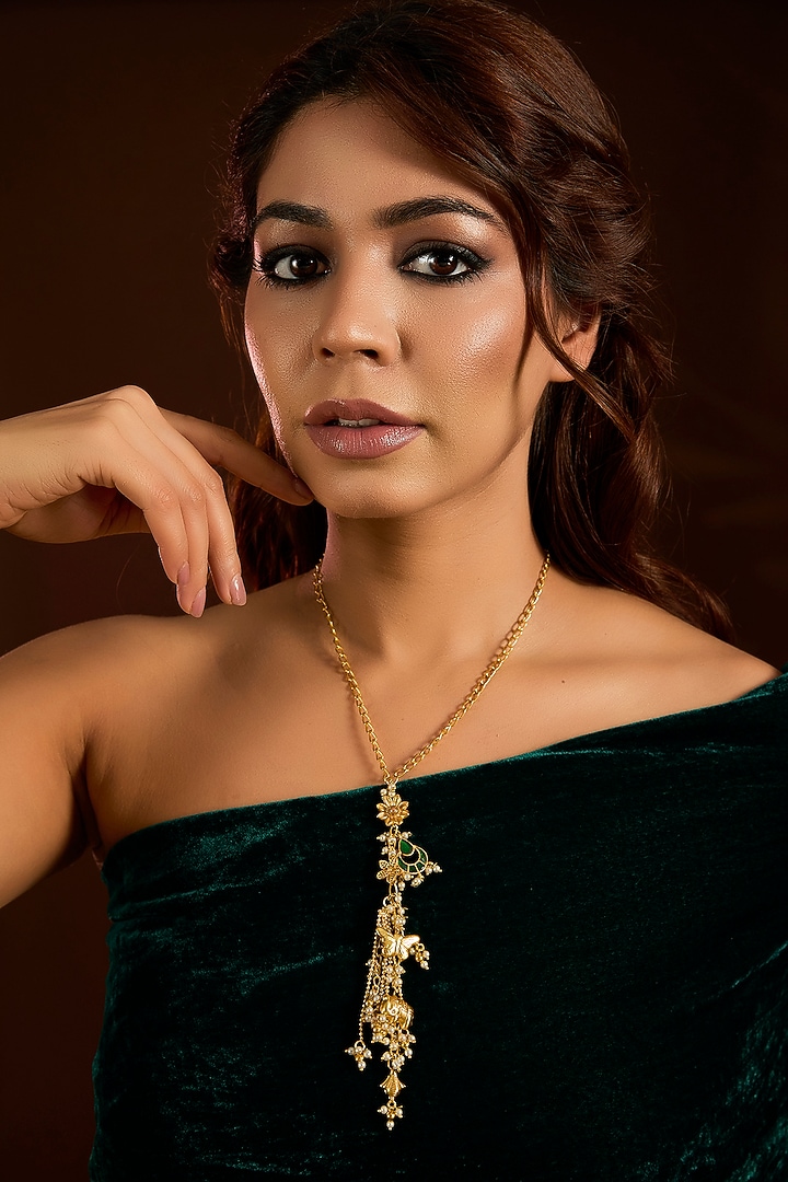 Gold Finish Emerald & Beaded Long Necklace by Moh-Maya by Disha Khatri at Pernia's Pop Up Shop