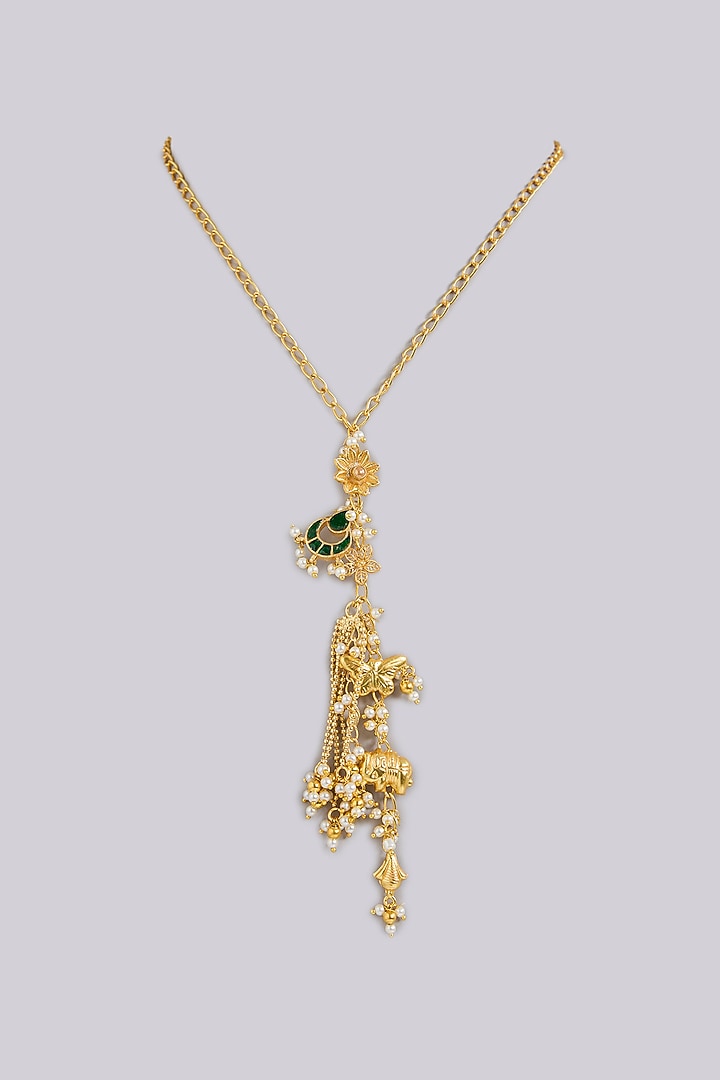 Gold Finish Emerald & Beaded Long Necklace by Moh-Maya by Disha Khatri at Pernia's Pop Up Shop