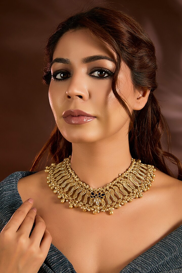 Gold Finish Emerald & Beaded Choker Necklace by Moh-Maya by Disha Khatri at Pernia's Pop Up Shop