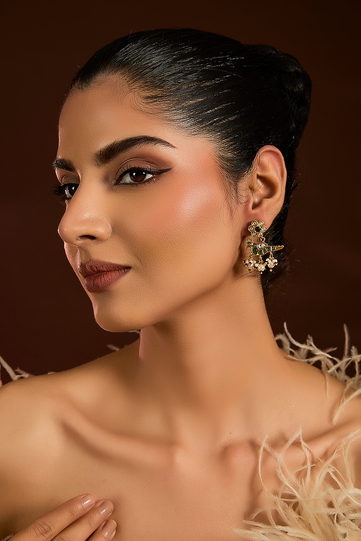 Gold Finish Emerald & Pearl Bird Dangler Earrings by Moh-Maya by Disha Khatri at Pernia's Pop Up Shop
