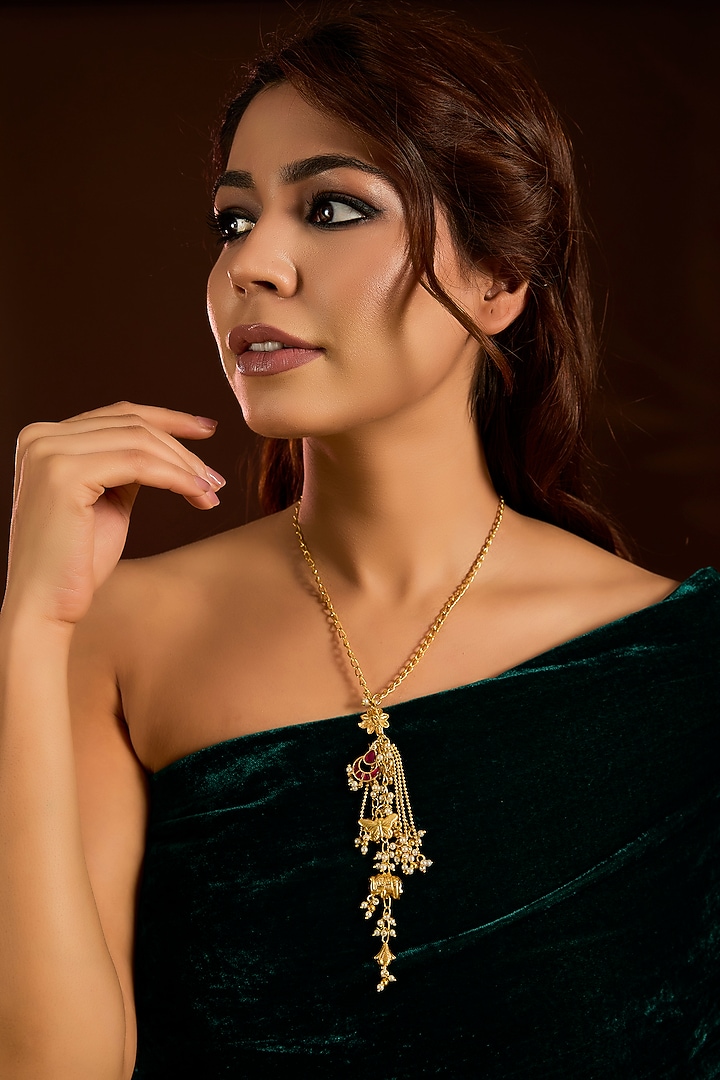 Gold Finish Ruby & Carved Beaded Long Necklace by Moh-Maya by Disha Khatri at Pernia's Pop Up Shop