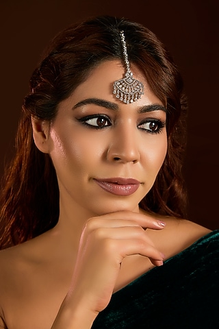 Silver Finish Zircon Maangtikka by Moh-Maya by Disha Khatri