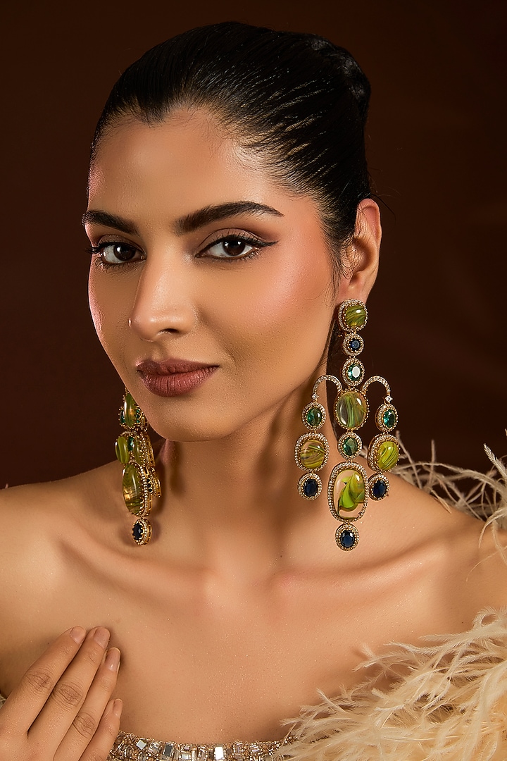 Gold Finish Emerald & Leaf Green Stone Dangler Earrings by Moh-Maya by Disha Khatri at Pernia's Pop Up Shop