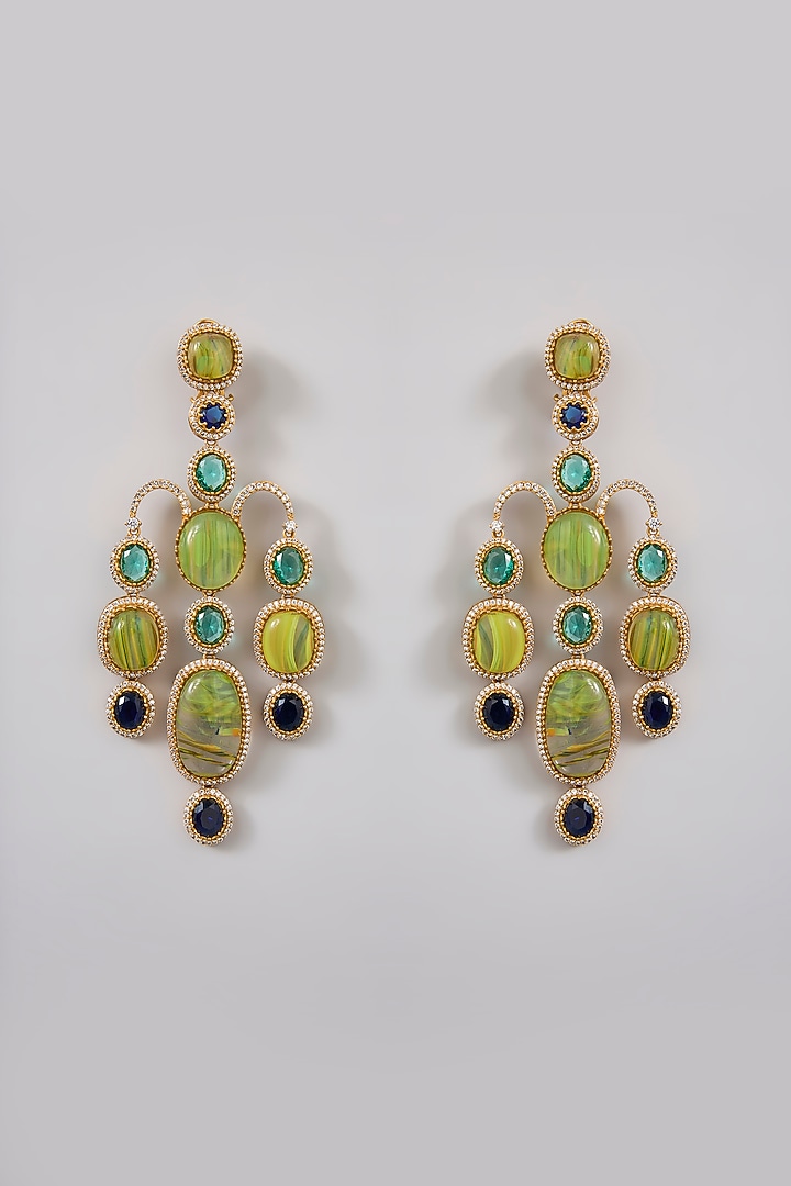 Gold Finish Emerald & Leaf Green Stone Dangler Earrings by Moh-Maya by Disha Khatri at Pernia's Pop Up Shop