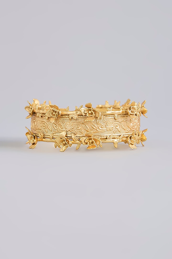 Gold Finish Carved Adjustable Bangle by Moh-Maya by Disha Khatri at Pernia's Pop Up Shop