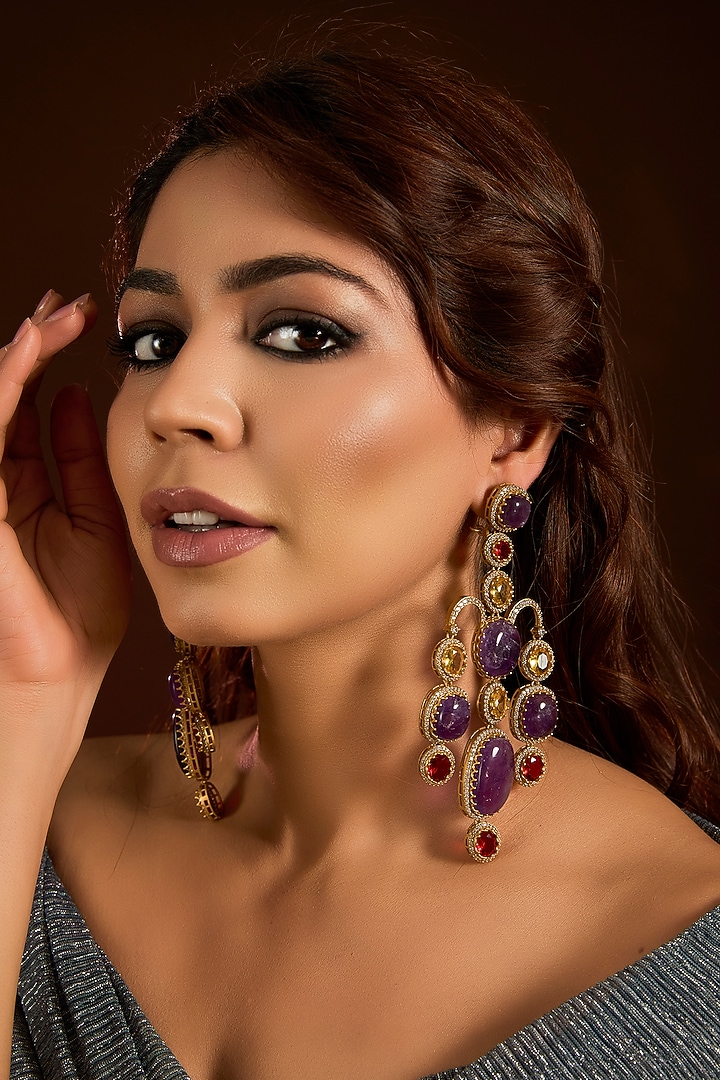 Gold Finish Amethyst & Ruby Dangler Earrings by Moh-Maya by Disha Khatri at Pernia's Pop Up Shop