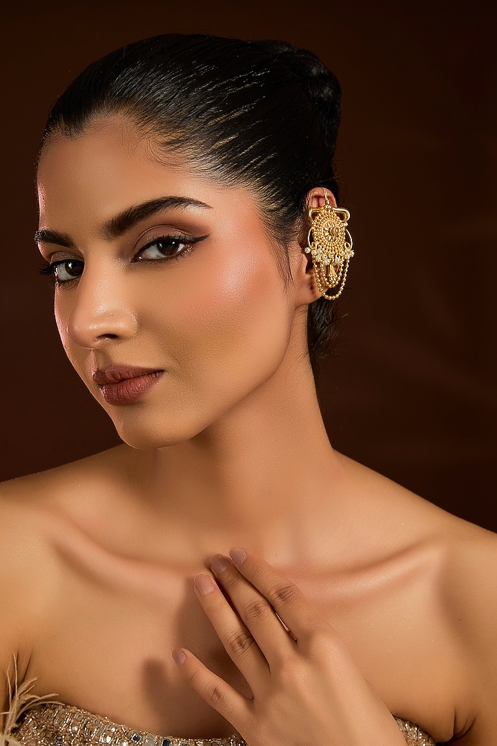 Gold Finish Carved Chain Ear Cuffs by Moh-Maya by Disha Khatri at Pernia's Pop Up Shop