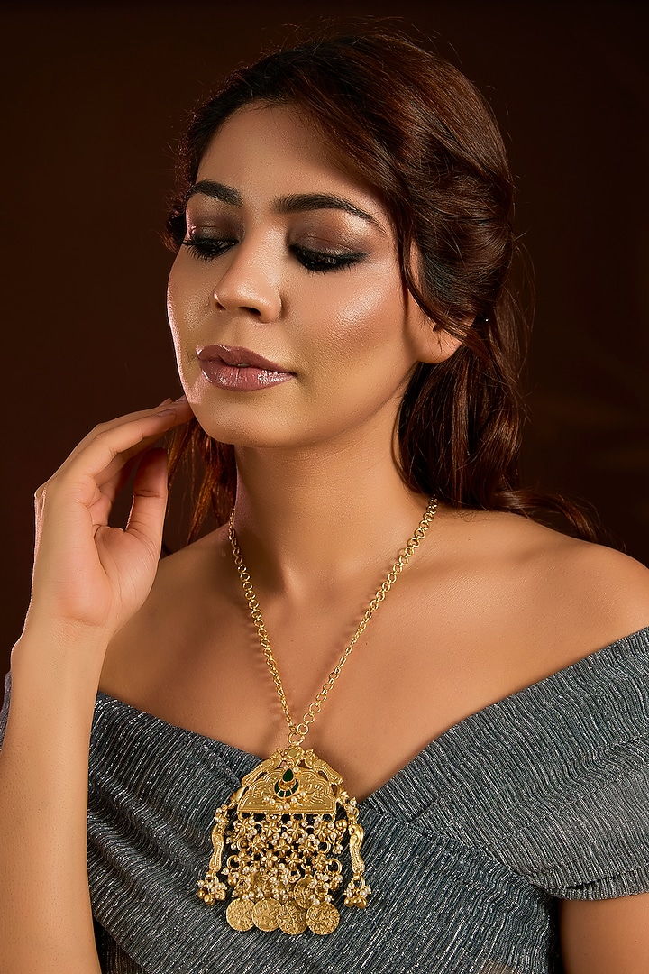 Gold Finish Emerald Stone & Beaded Long Necklace by Moh-Maya by Disha Khatri at Pernia's Pop Up Shop