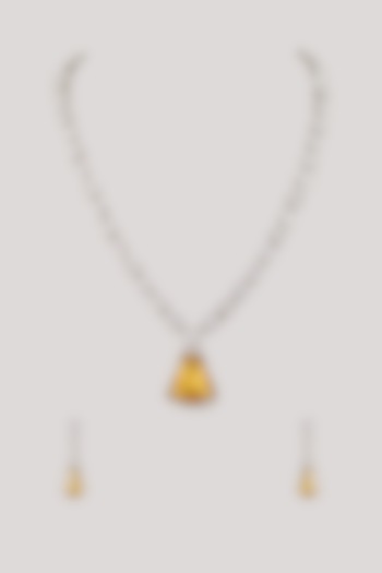 Silver Finish Zircon & Yellow Stone Long Necklace Set by Moh-Maya by Disha Khatri at Pernia's Pop Up Shop