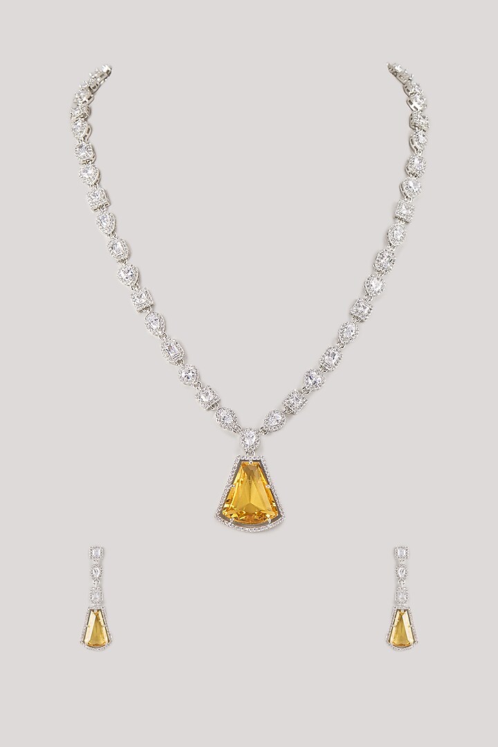 Silver Finish Zircon & Yellow Stone Long Necklace Set by Moh-Maya by Disha Khatri at Pernia's Pop Up Shop
