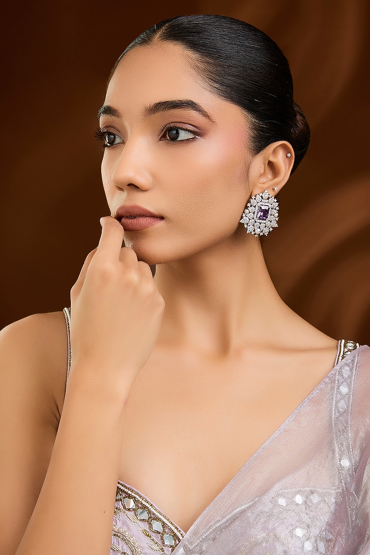 White Finish Purple Stone Stud Earrings by Moh-Maya by Disha Khatri at Pernia's Pop Up Shop