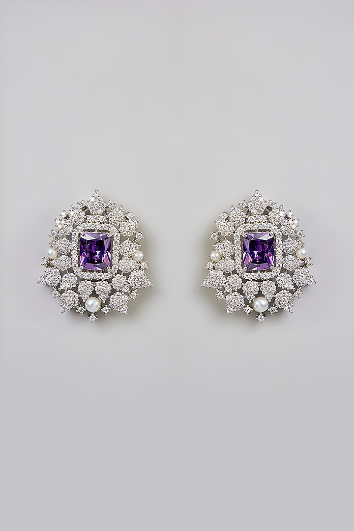 White Finish Purple Stone Stud Earrings by Moh-Maya by Disha Khatri at Pernia's Pop Up Shop