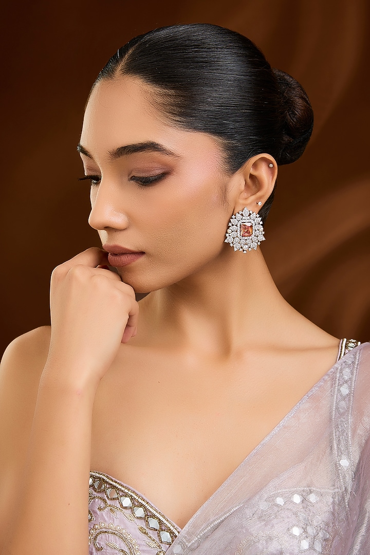 White Finish Pink Stone Stud Earrings by Moh-Maya by Disha Khatri at Pernia's Pop Up Shop