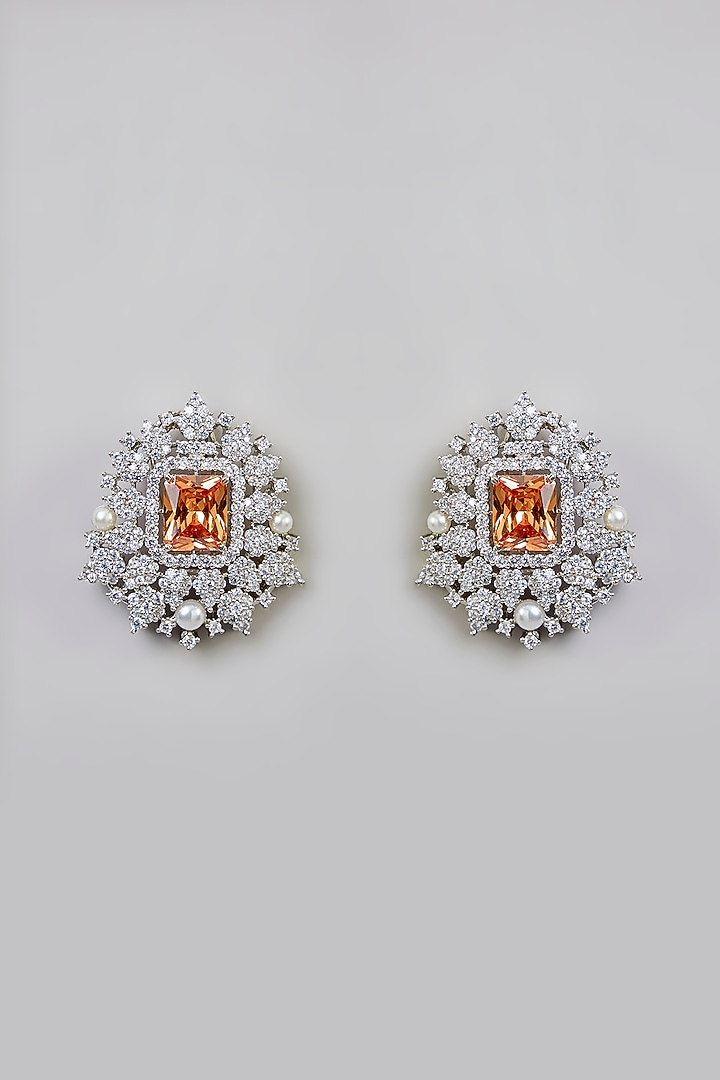 White Finish Pink Stone Stud Earrings by Moh-Maya by Disha Khatri at Pernia's Pop Up Shop