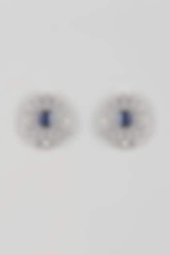 White Gold Finish Zircon & Sapphire Blue Stone Stud Earrings by Moh-Maya by Disha Khatri at Pernia's Pop Up Shop