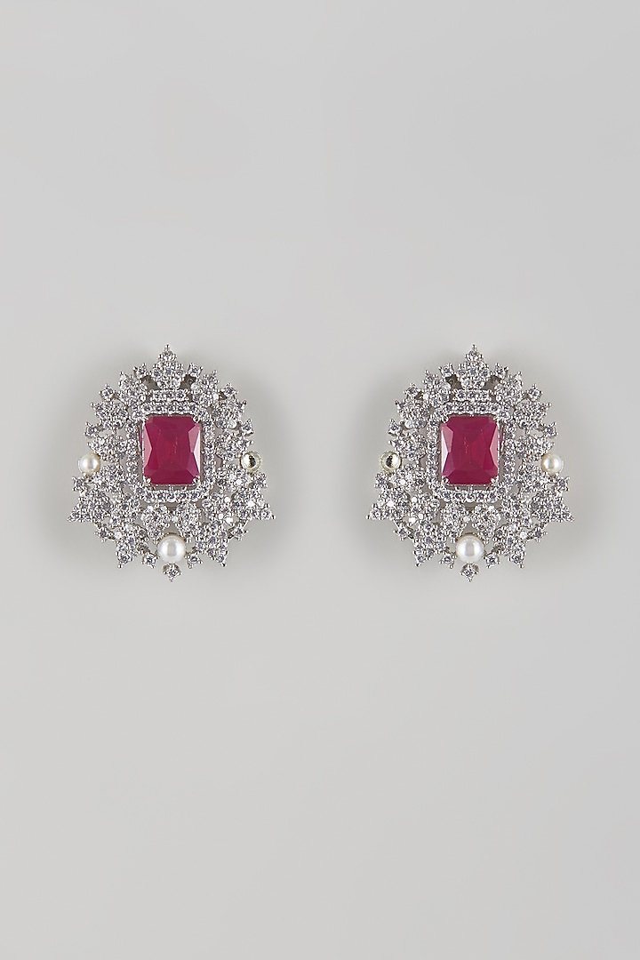 White Gold Finish Zircon & Ruby Stone Stud Earrings by Moh-Maya by Disha Khatri at Pernia's Pop Up Shop