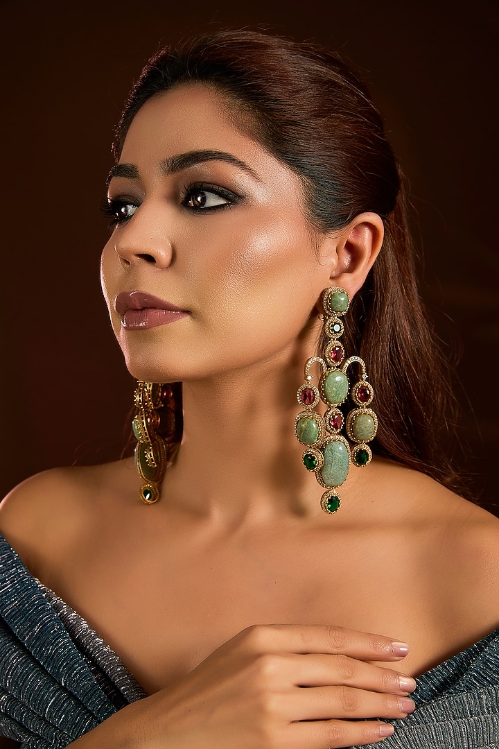 Gold Finish Turquoise Stone & Zircon Dangler Earrings by Moh-Maya by Disha Khatri at Pernia's Pop Up Shop