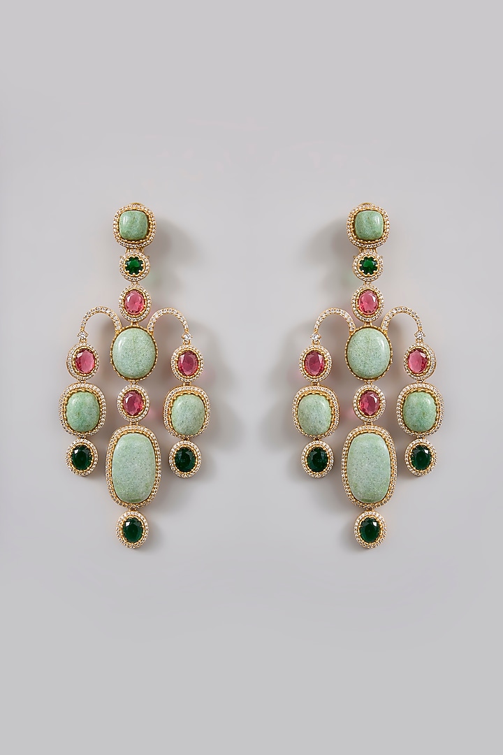 Gold Finish Turquoise Stone & Zircon Dangler Earrings by Moh-Maya by Disha Khatri at Pernia's Pop Up Shop