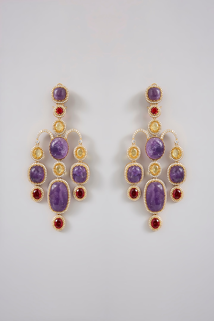 Gold Finish Amethyst & Ruby Dangler Earrings by Moh-Maya by Disha Khatri at Pernia's Pop Up Shop