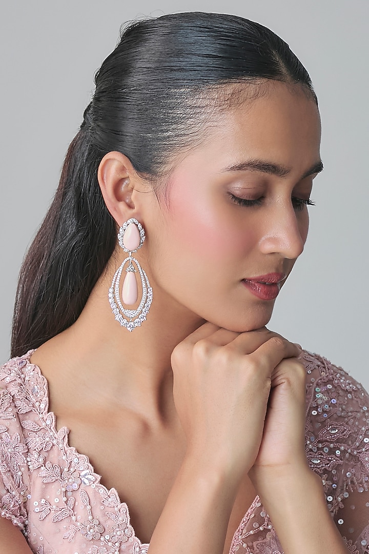 White Gold Finish Zircon & Peach Stone Dangler Earrings by Moh-Maya by Disha Khatri at Pernia's Pop Up Shop