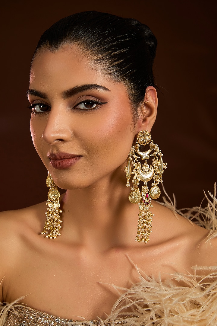Gold Finish Ruby Stone Dangler Earrings by Moh-Maya by Disha Khatri at Pernia's Pop Up Shop