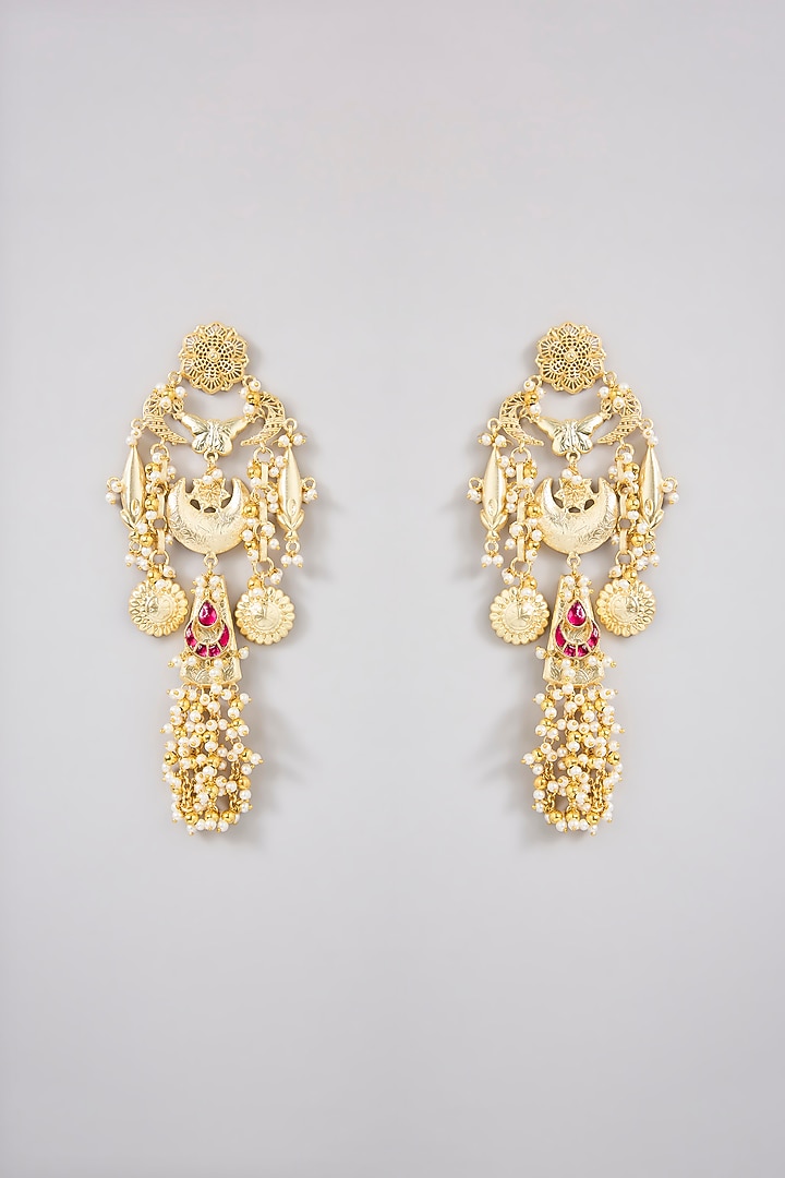 Gold Finish Ruby Stone Dangler Earrings by Moh-Maya by Disha Khatri at Pernia's Pop Up Shop