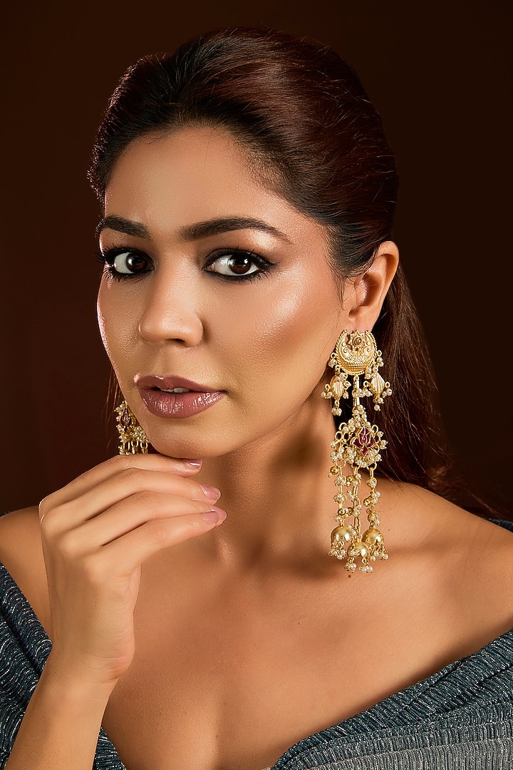 Gold Finish Ruby Stone & Pearl Dangler Earrings by Moh-Maya by Disha Khatri at Pernia's Pop Up Shop
