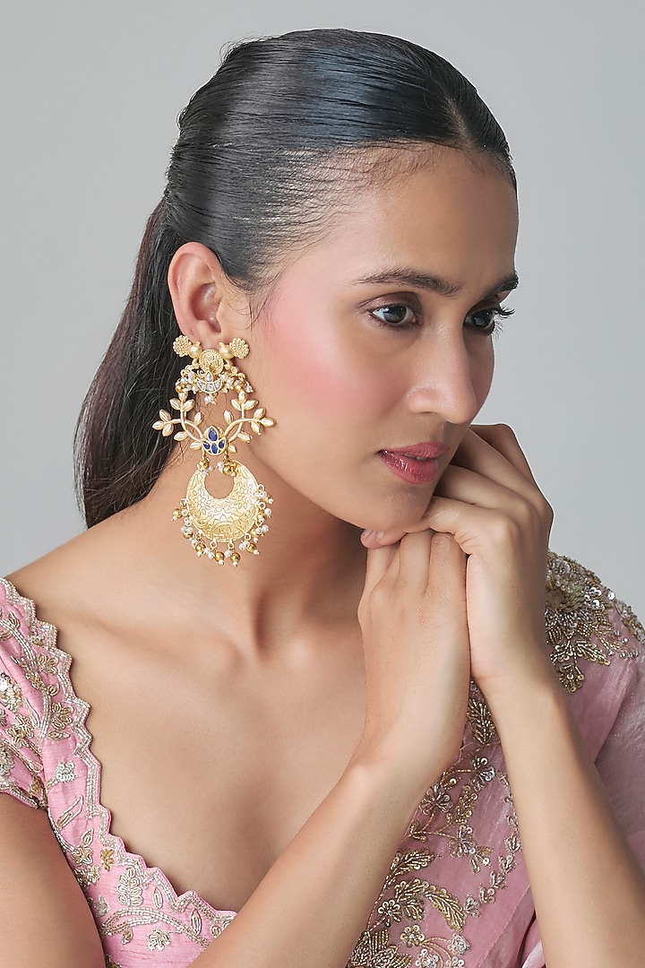 Gold Finish Kundan Polki & Sapphire Stone Dangler Earrings by Moh-Maya by Disha Khatri at Pernia's Pop Up Shop