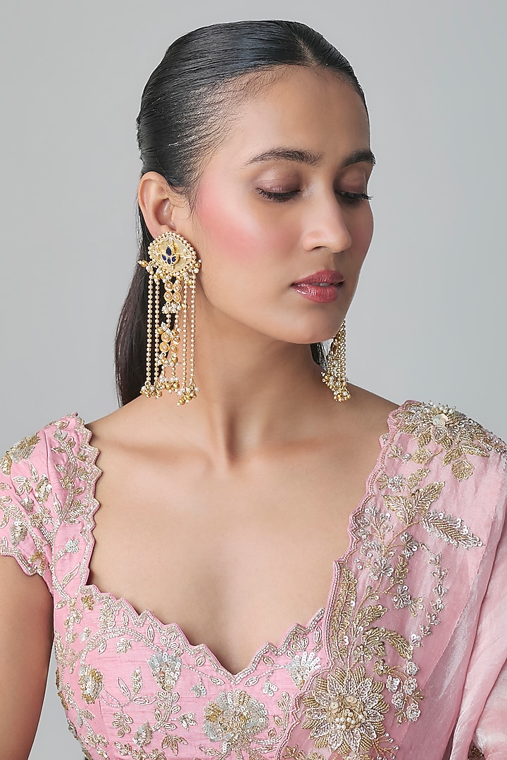 Gold Finish Kundan Polki & Sapphire Stone Dangler Earrings by Moh-Maya by Disha Khatri at Pernia's Pop Up Shop